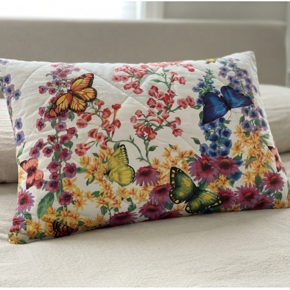 y2k Pillow Sham Butterflies Floral Quilted White Standard 20x26 cottagecore